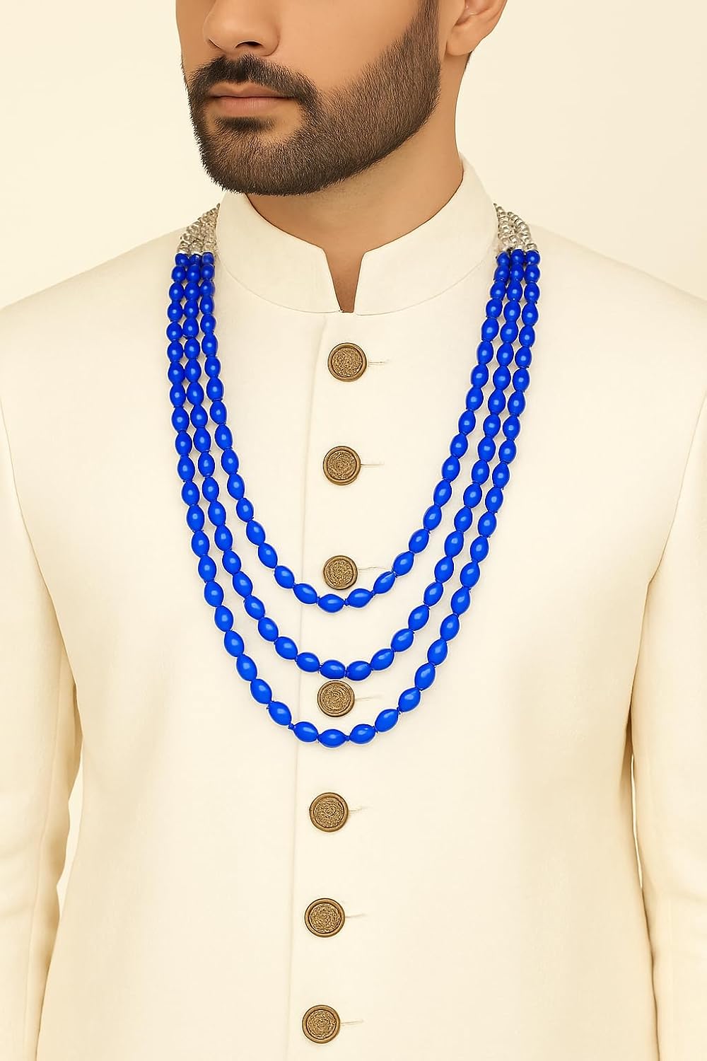 I Jewels Indian Wedding Bollywood 3 Layered Gold Plated Dulha Moti Mala Long Groom Necklace/Mala For Men