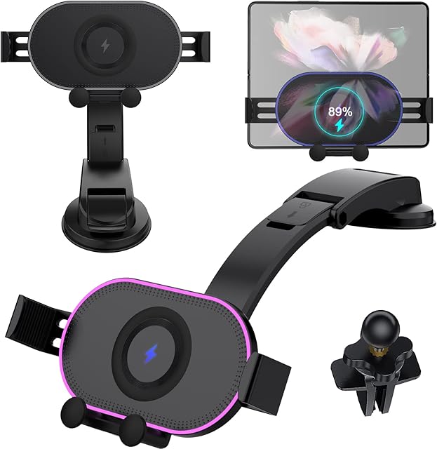Vizvera Galaxy Fold Car Mount 15W Qi Fast Charging Car Mount, with [Atmosphere Light] for Air Outlet/Dashboard for Galaxy Fold 4/Fold 3/Fold 2/ iPhone 13/ Oneplus 9/Huawei x2/Xiaomi Fold or more-X3