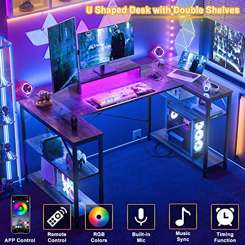 Homieasy U Shaped Computer Desk With Power Strip & Led Strip & Monitor Stand, 60 Inch L Shaped Corner Desk With Double Shelves, Space Saving Home Office Gaming Workstation With Storage (Black Oak) #TOP3