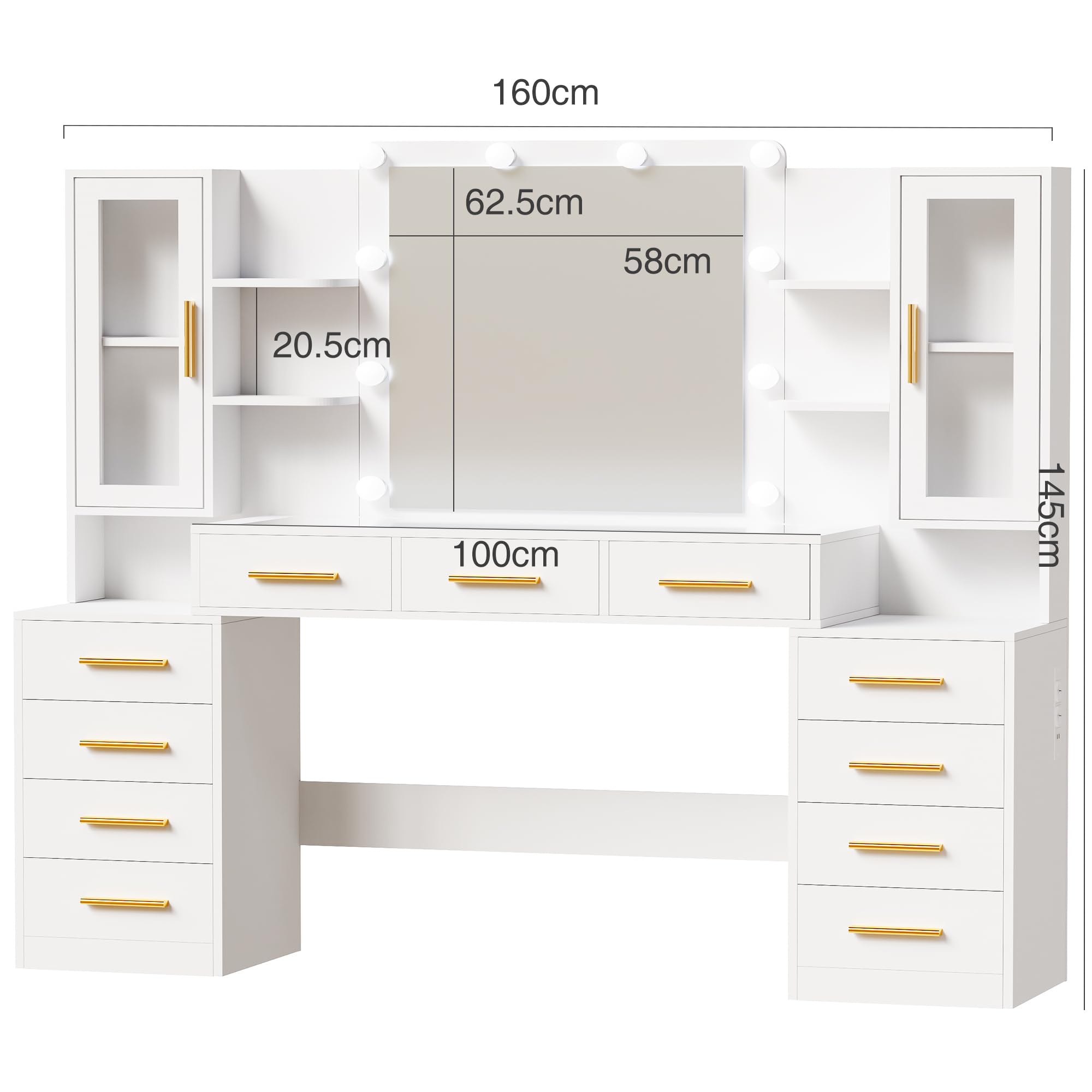 ANWBROAD 160cm Coiffeuse avec Miroir et Éclairage LED Grande Coiffeuse avec Plateau en Verre 11 Tiroirs, Prise de Courant, 6 Étagères, 2 Placards avec Portes, Table de Maquillage Moderne Blanc BDT27W