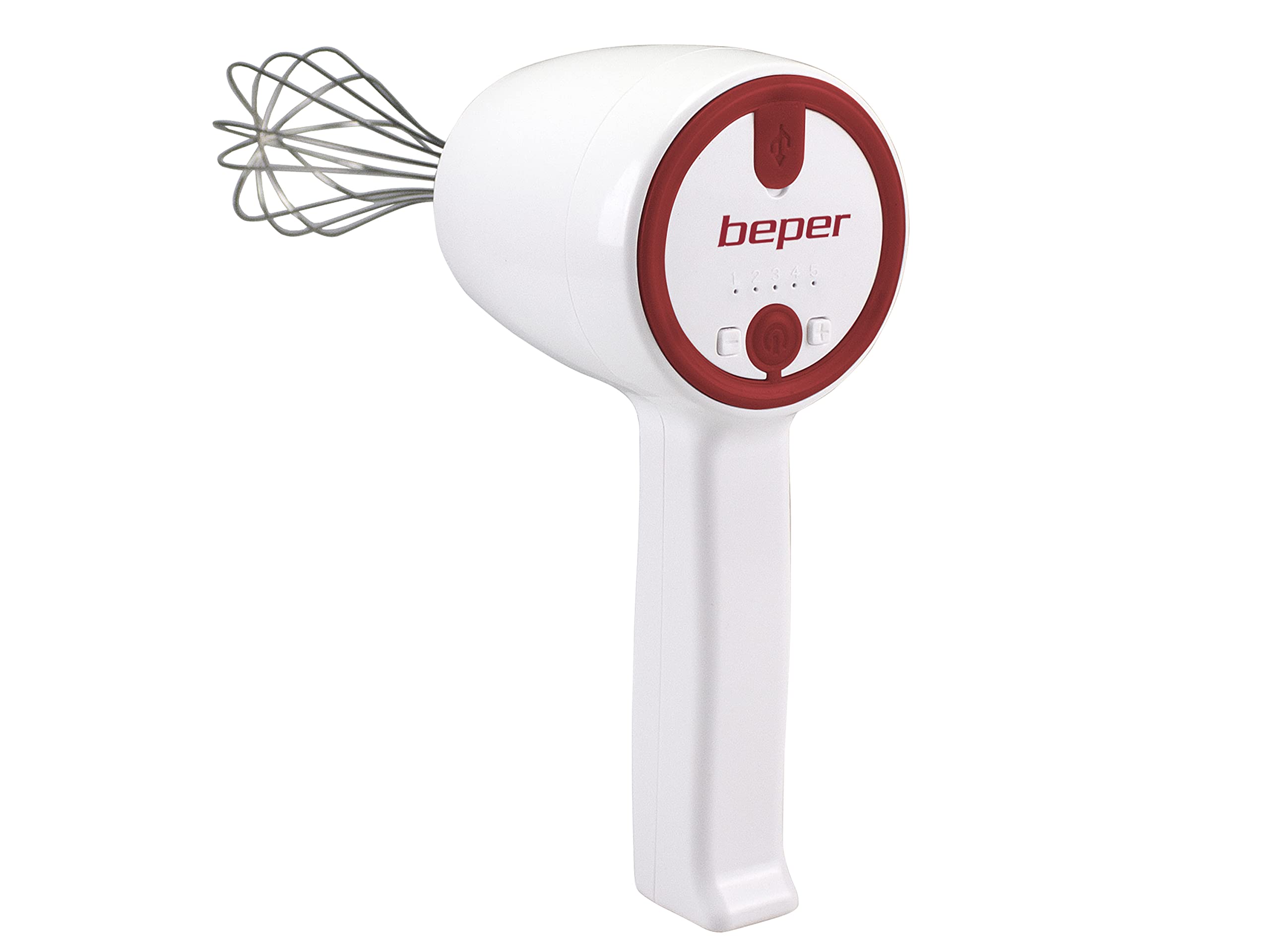 BEPER P102SBA007 Sbattitore ricaricabile senza filo, Impastatore ricaricabile, 20W, 2 Fruste in Acciaio inossidabile, 5 Velocità, Unico Tasto Funzionamento, Cavo USB incluso, Rosso/Bianco