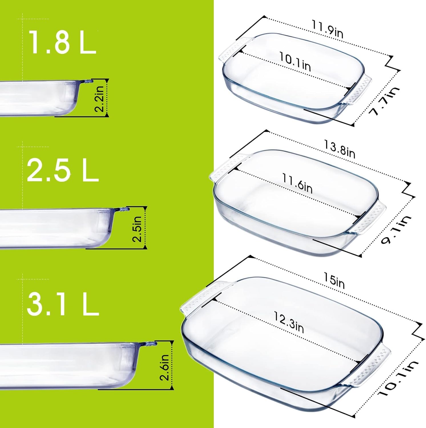 Set of 3 lasagne dish, lasagna dishes for Oven, Rectangular Glass