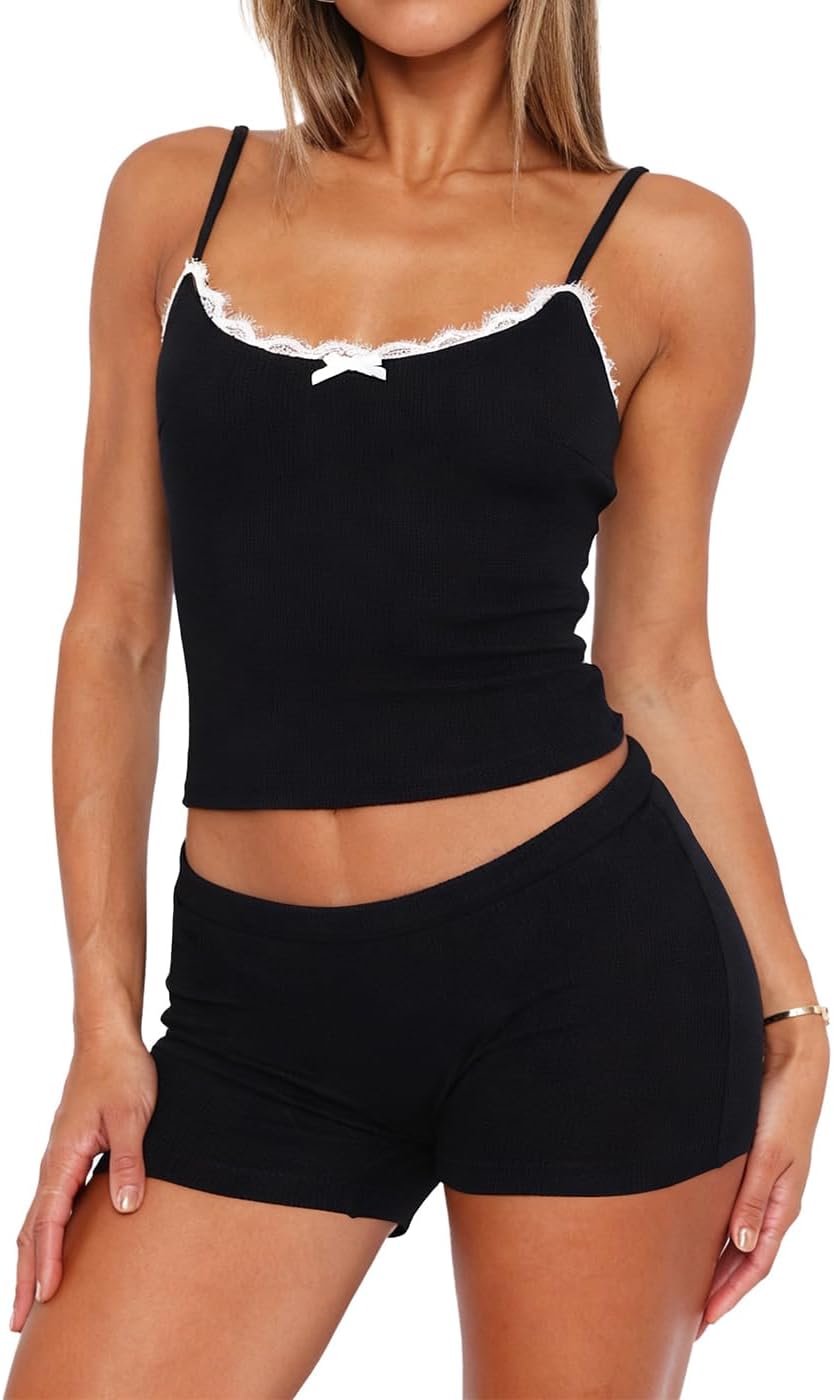 Lacozy Sexy Pajama Sets for Women 2 Piece Cute Pj Set Lightweight Lace Trim Cami Top and Shorts Sleepwear Summer