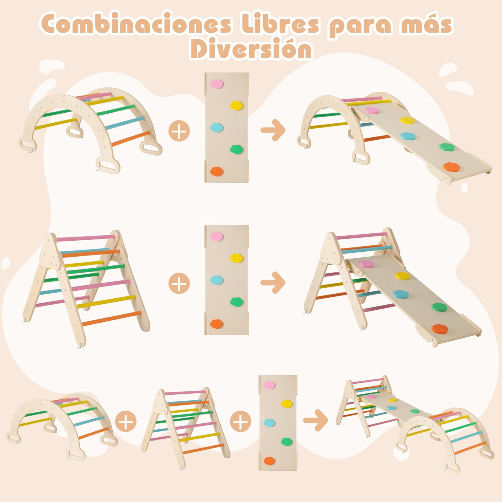 COSTWAY 7 en 1 Triángulo de Escalada de Madera para Niños, Juego de Escalada con Triángulo, Arco, Rampa para Deslizarse o Escalar, Set de Escalada Montessori para Niños 1+ Año (Multicolor)