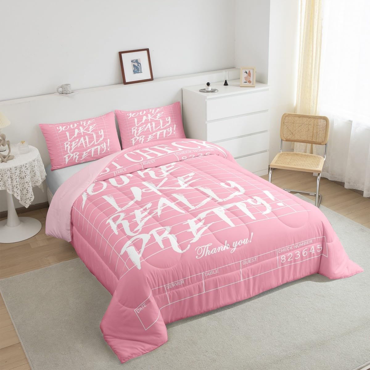 Pink You Look So Pretty Duvet Quilt Toddler Size Passion Alphabet Bedding Set for Kids Boys Girls Decor Powerful Letter Comforter Set Breathable Soft Lightweight Microfiber Bedroom Decor Bedclothes