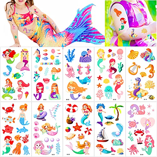 Qpout Tatuajes temporales de sirena para niños y niñas, 100 pegatinas de tatuaje de sirena de...