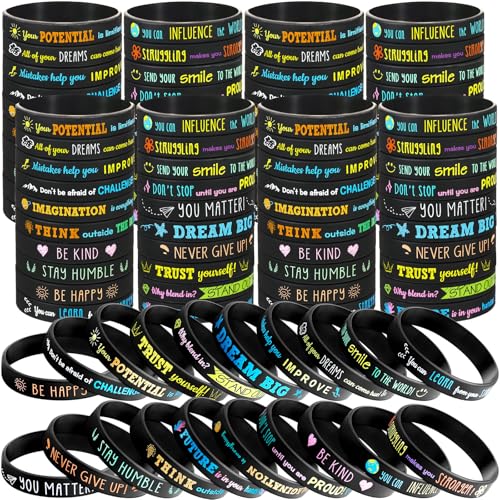 Bucherry 120 Pcs Motivational Silicone Wristbands Bulk Inspirational Rubber Unisex Bracelets with Positive Quotes for Student Teacher Classroom Reward Party Favors School Church Gifts(Black)