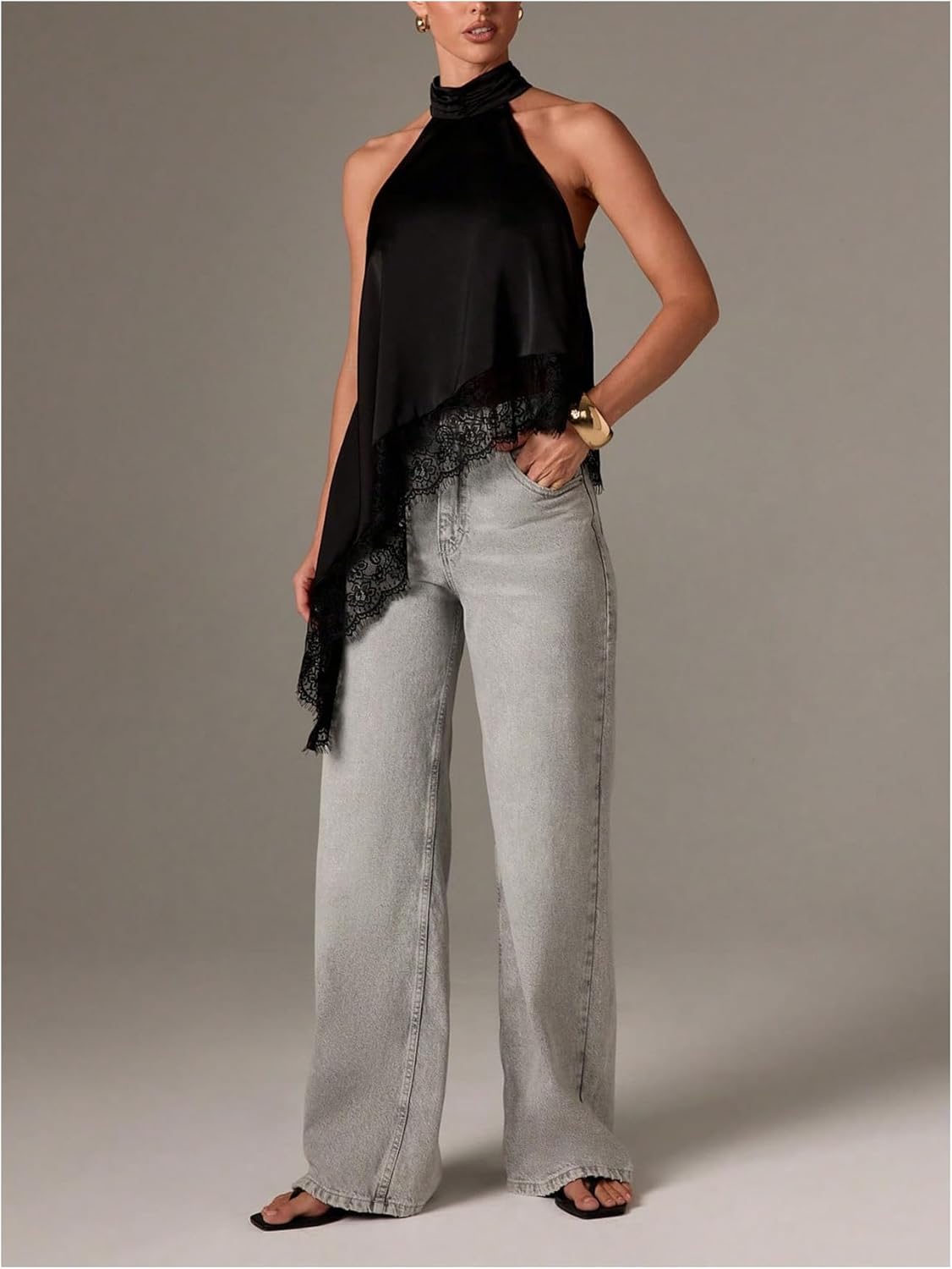 SweatyRocks Women's Lace Patchwork Asymmetrical Halter Top Dressy Sleeveless Flowy Tank Tops - Image 5