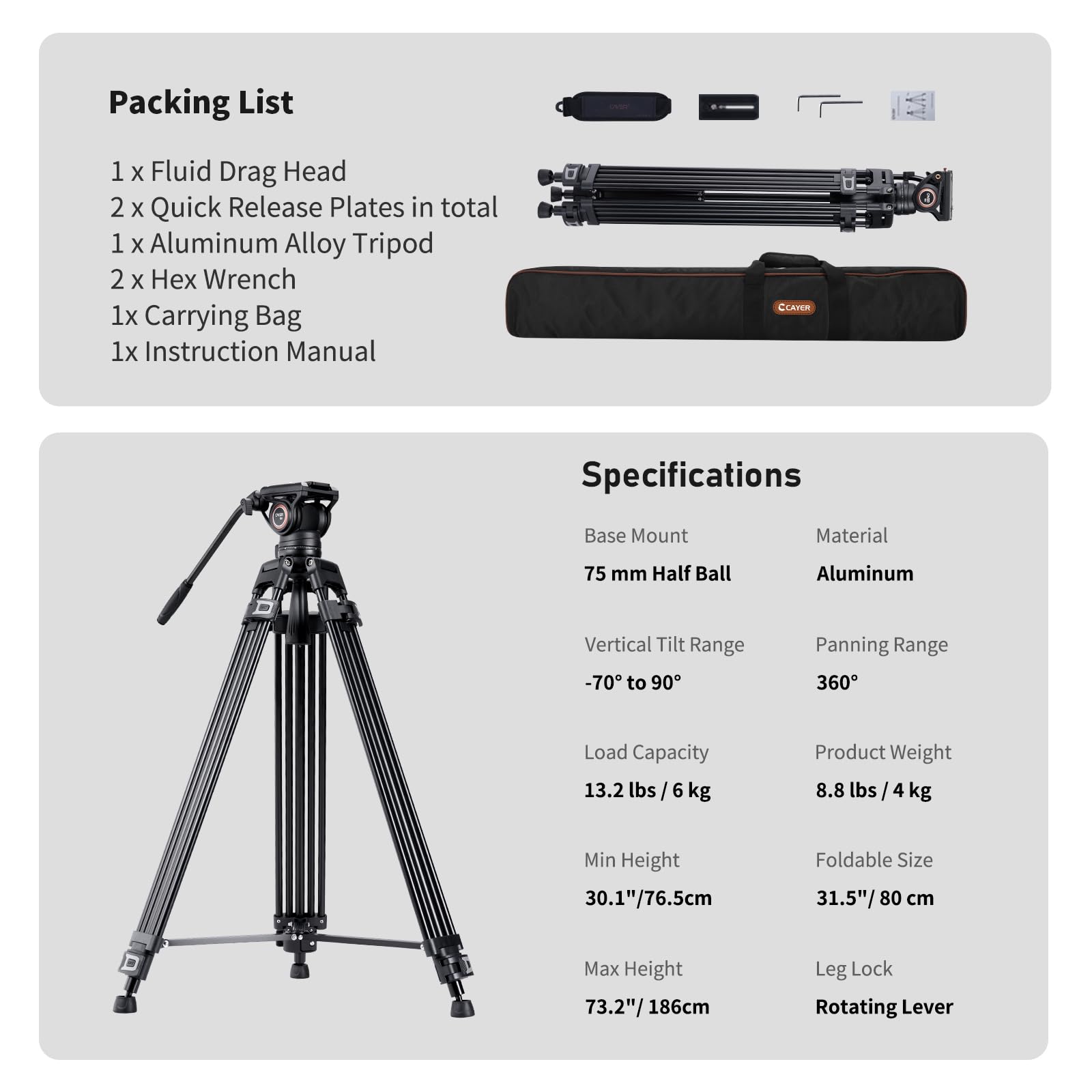 Cayer BF30L 73"/187cm Trípode Video, Soporte de Trípode de Aleación de Aluminio Resistente con 360° Cabezal de Arrastre Fluido, Placa QR Compatible con Canon Nikon Sony Otras,Carga hasta 17.6lb/8kg
