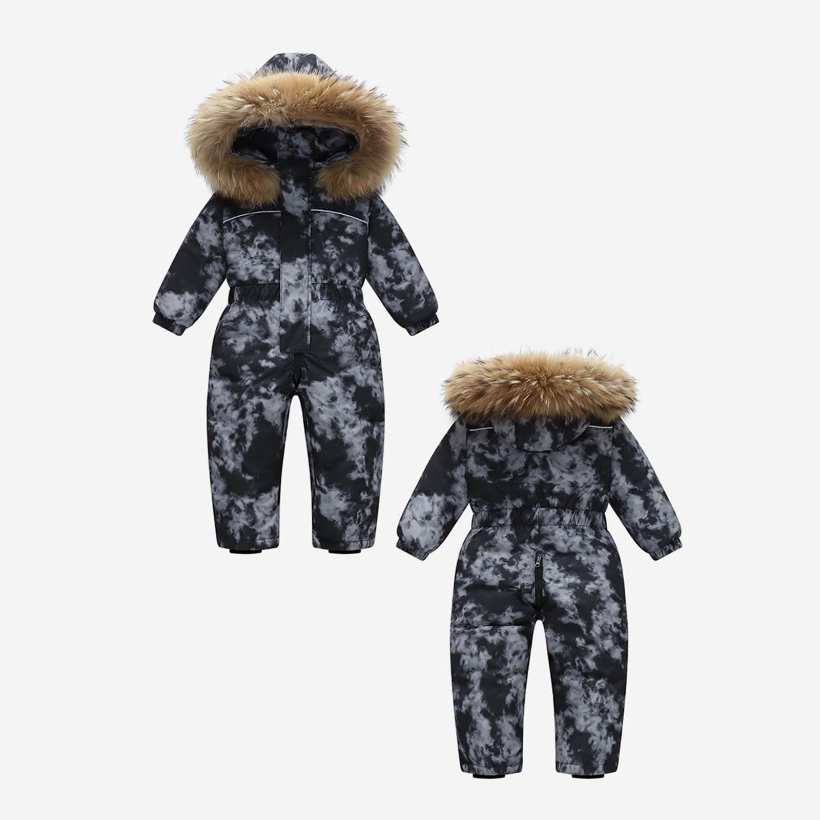 Traje de nieve para bebé, mono de nieve con cuello de piel y capucha, mono de plumón grueso, traje de esquí para niños pequeños, impermeable, resistente al viento, multicolor, mono de esquí