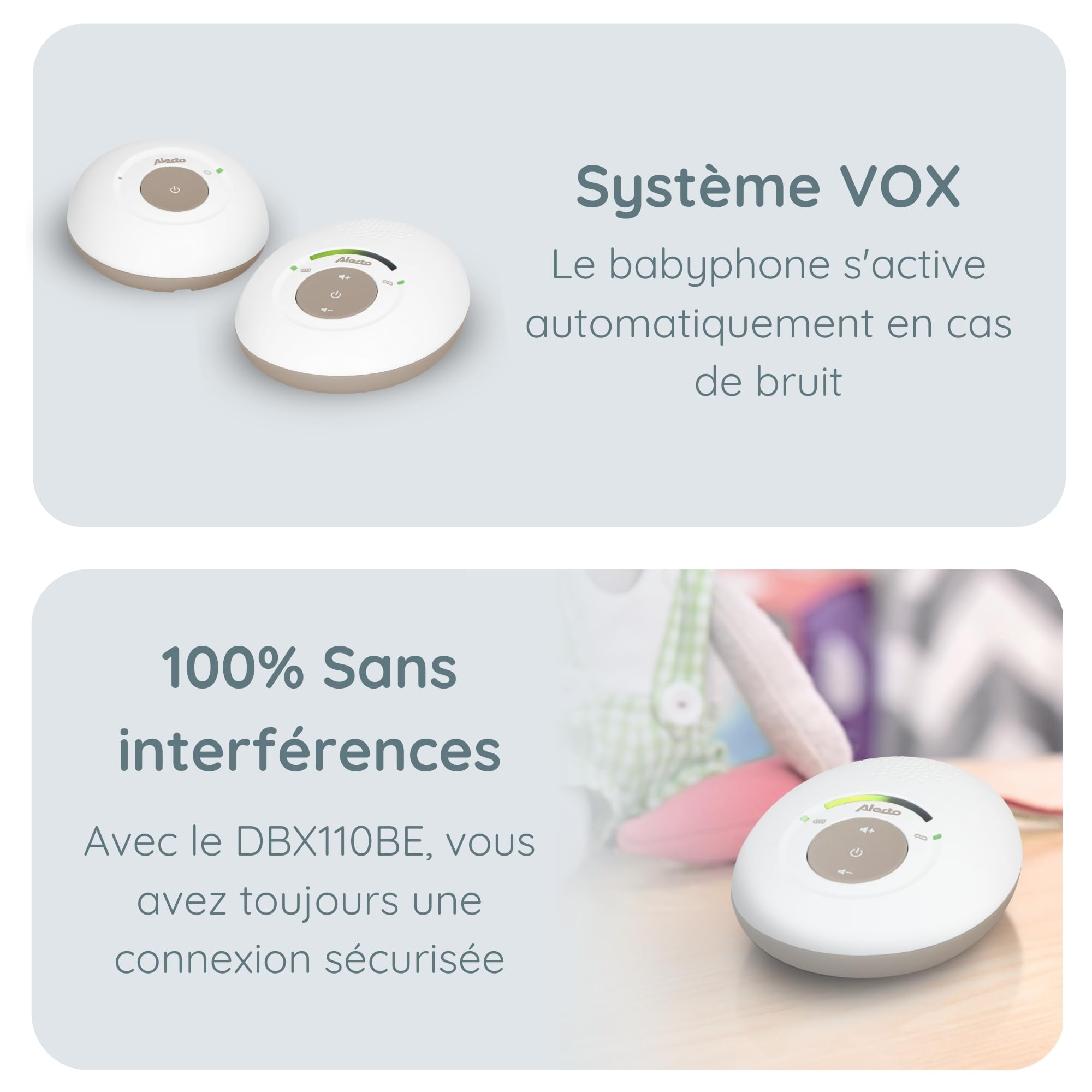 Alecto DBX110 Babyphone Audio – Babyphone numérique avec DECT – Portée de 300 m – Design compact – Échelle de volume LED – Fonction VOX – Faible rayonnement – Beige