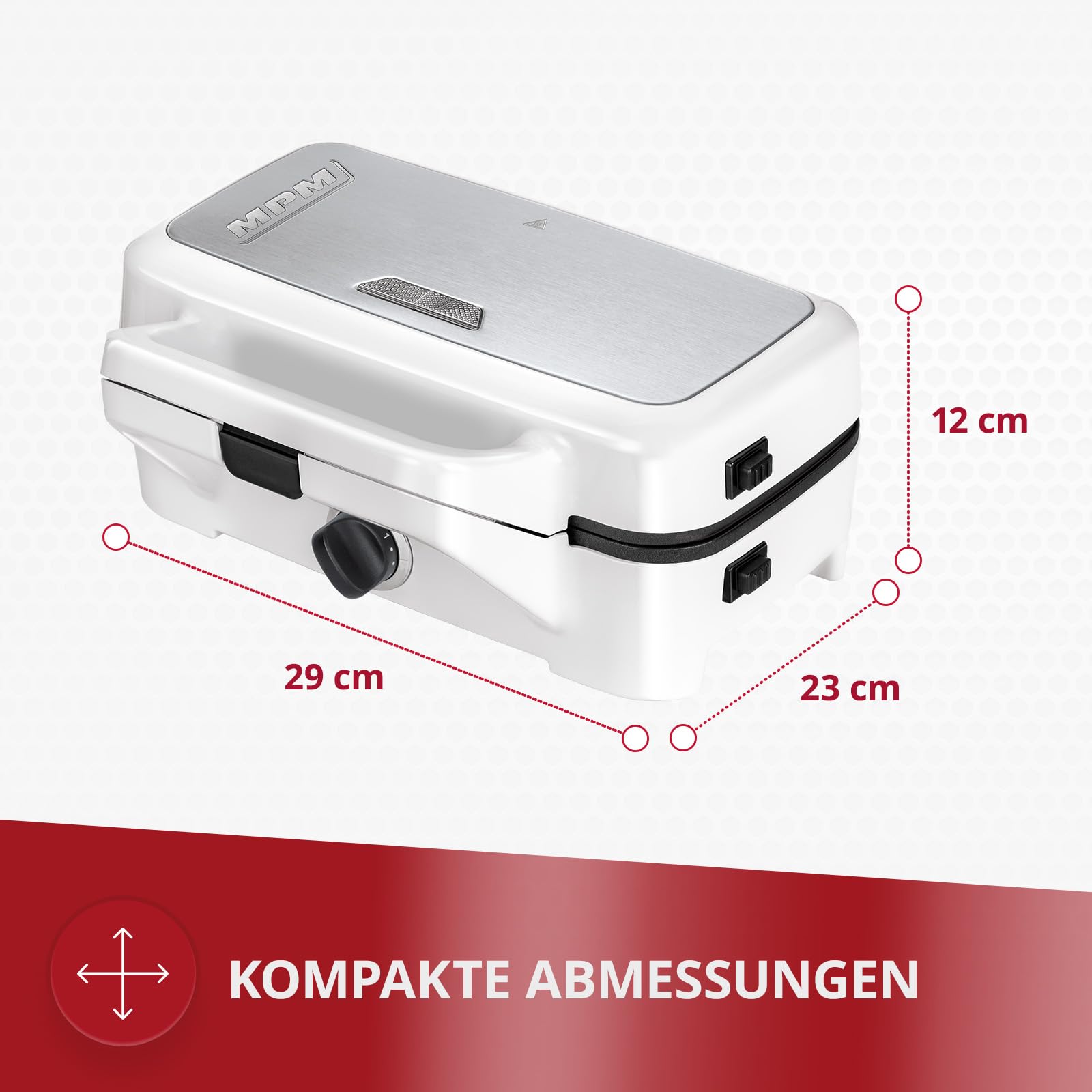 MPM MOP-33M Opiekacz 3in1, Płyty 2 Gofrów, Płyty 4 Trójkątnych Kanapek, Grillowe, Powłoką Zapobiegająca Przywieraniu, Regulacją Temperatury, Biały-srebrna obudowa ze stali nierdzewnej, 1200W