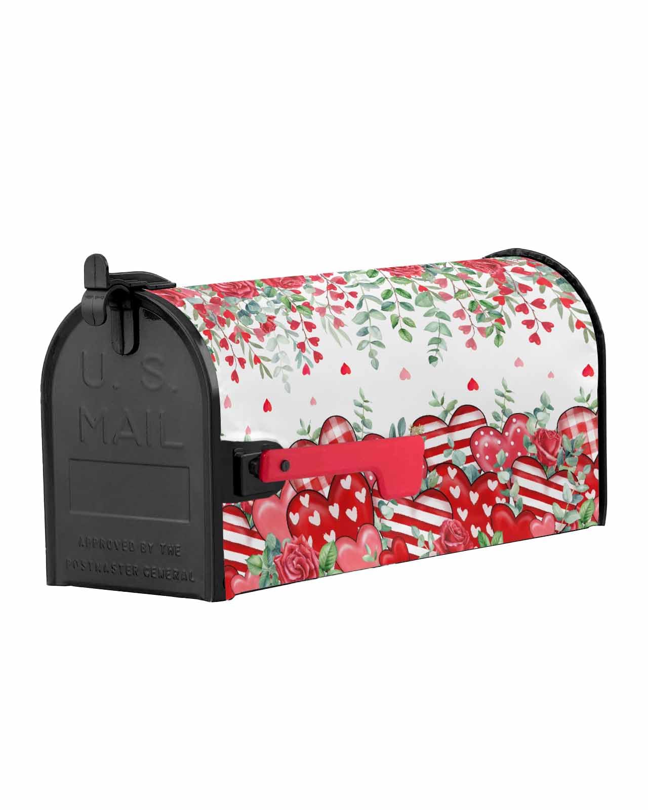 Valentine's Day Red Love Heart Mailbox Cover Rose Floral Magnetic Mailbox Wraps, Eucalyptus Leaves Mailbox Covers Standard Size 18x21 Inch Mail Wrap Post Letter Box Decoration for Outdoor Gardern Yard