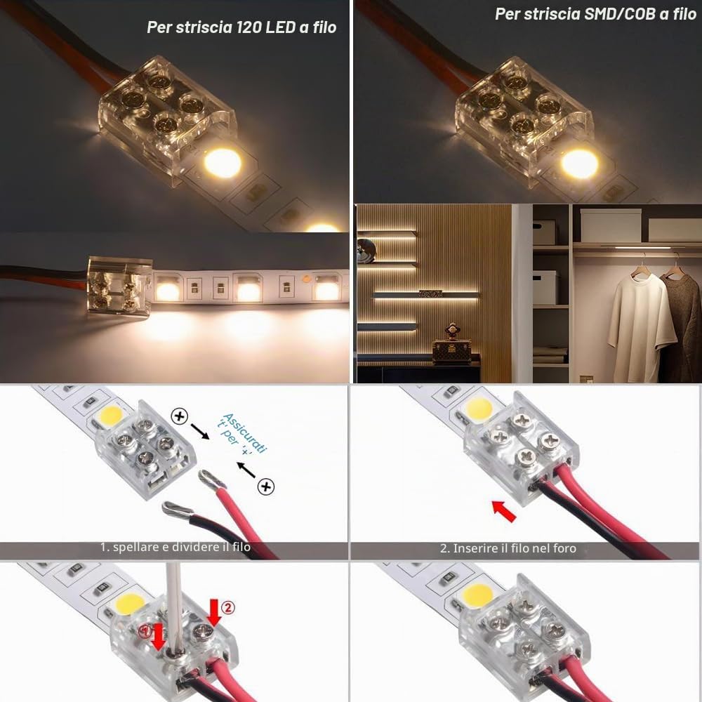 Connettori per Strisce LED 8mm a 2 Poli, Senza Saldatura per LED 5050 3528 Monocolore, Collegamento Rapido a Filo Con Cacciavite