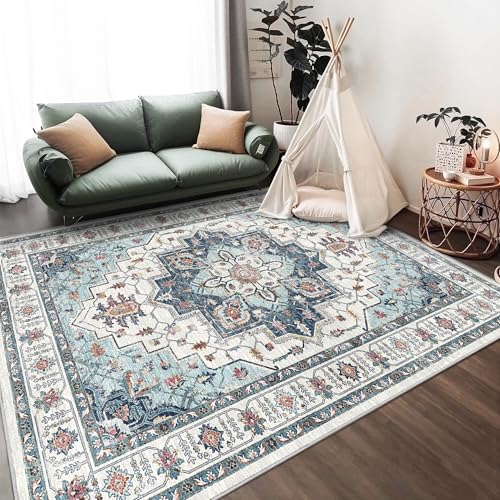 Madane Washable Rug 8x10 Area Rugs for Living Room, Ultra-Thin Non-Slip Backing Rug, Stain Resistant Vintage Large Area Rug for Bedroom (Blue, 8'x10')