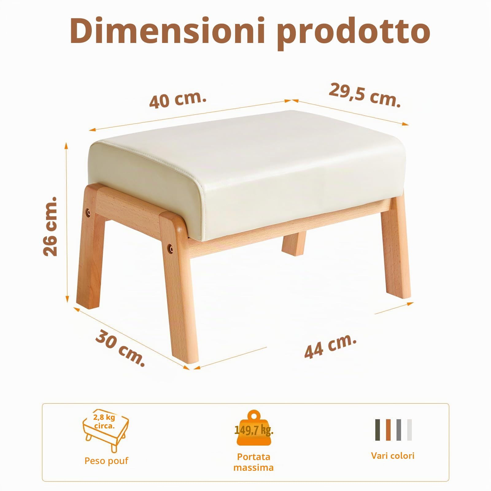 IBUYKE 10.2”H Piccolo Poggiapiedi Ottomane, Rettangolare in Pelle PU Sgabello con Sedile Imbottito e Gambe in Legno, Pouf Basso Poggiapiedi Ottomano Per Soggiorno Camera da Letto, Beige WBD013W