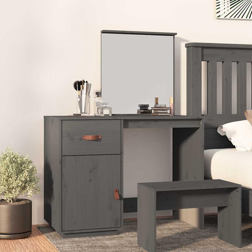 Schminktisch Grau 95x50x134 cm Massivholz Kiefer mit Spiegel Schublade 2 Fächer Schminkkommode Stauraum für Schlafzimmer Frisiertisch Make-up