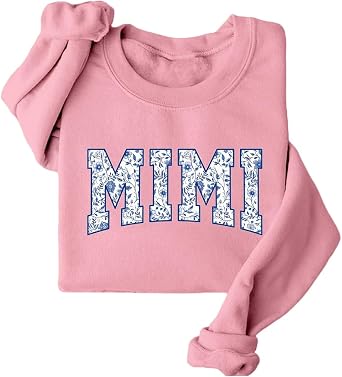 FORHVIPS Women Long Sleeve Graphic Mimi Floral Fleece Sweater Funny Letter Grandma Sweatshirt Lightweight Pullover Tops