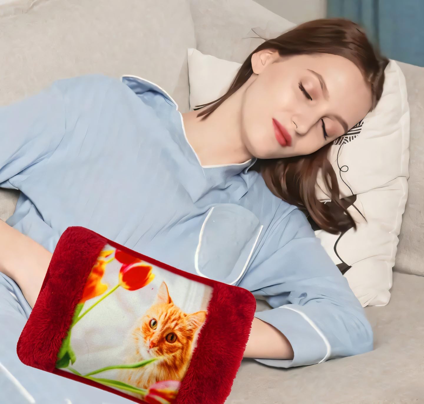 Borsa Acqua Calda Elettriche con Morbida Fodera in Peluche; 500 watt;Temperatura max 75°C;utile come Scaldamani e Scaldapiedi;Ideale per Alleviare Dolori Muscolari,Dorsali e Mestruali(Rosso-Gatto)