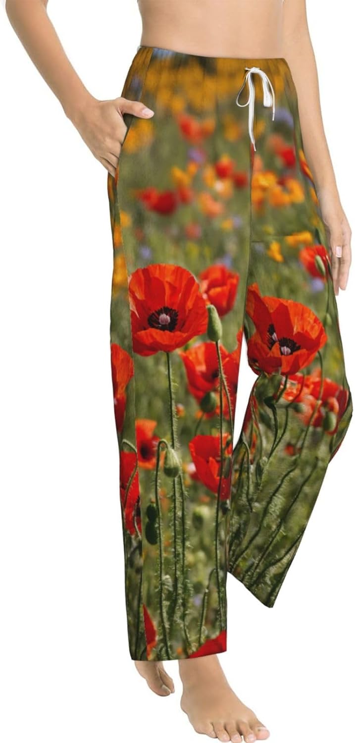 Poppy Flowers Print Fashion Cozy Womens Flannel Pajama Pants,Perfect For Christmas And Everyday Wear