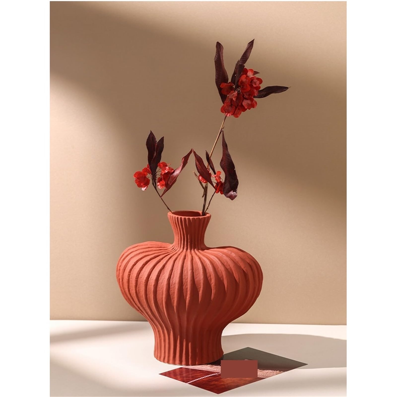 Decorativo Vasi in ceramica a coste fatti a mano alti 22 cm a forma di zucca(Red)