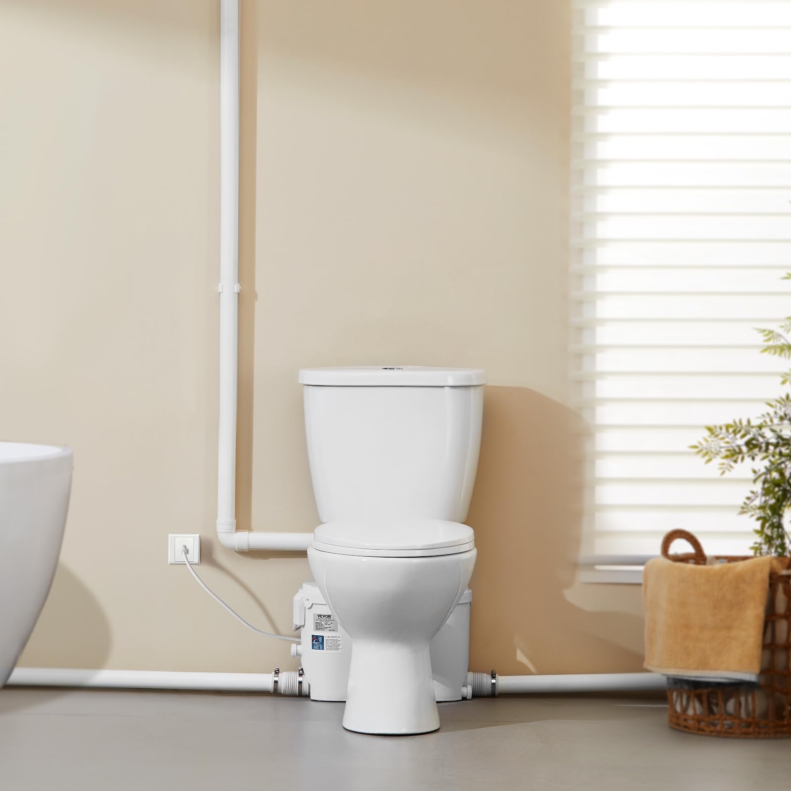 VEVOR Inodoro Sanitario Potente Bomba de Elevación de 500 W Sistema de Inodoro Compacto con Descarga Trasera e Inodoro de Descarga, 3 Entradas, para Eliminación Aguas Residuales, Sótano, Blanco