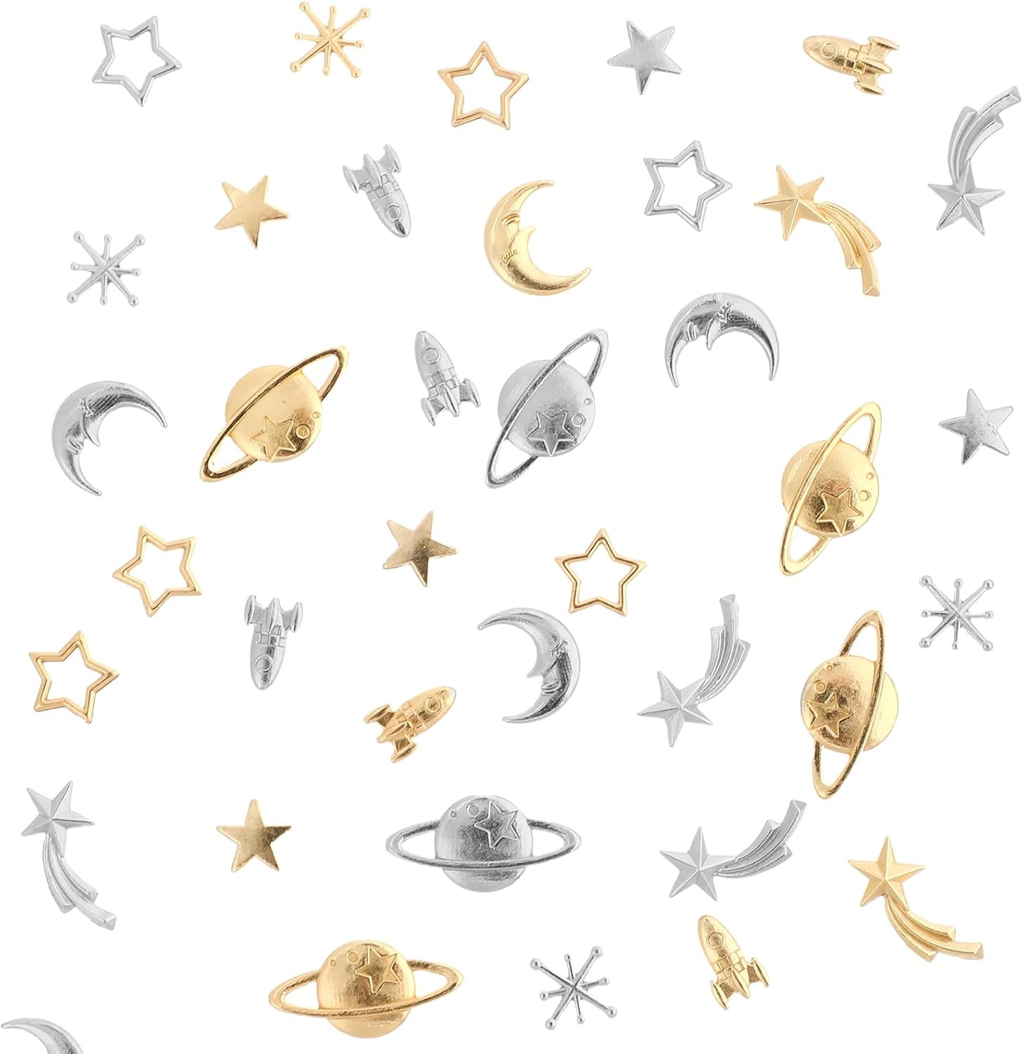 42 PCS Cosmos Themed Resin Fillers 7 Shapes Gold Zinc Alloy Star Moon Planet Spaceship Filling Accessories, Planet Charms Beads Metal Mini Space Charms Decorations for Epoxy Resin Craft Jewelry Making