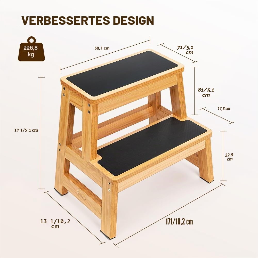 StrongTek 43 cm Holz-Tritthocker, vielseitig als Küchen-/Schlafzimmer-/Schrankhocker, Anti-Rutsch für Sicherheit, 227 kg Belastbarkeit