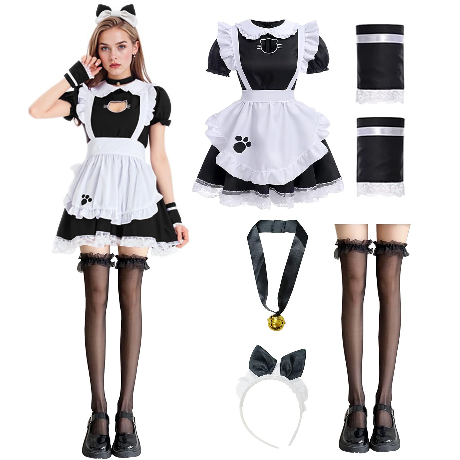 YushengTai Cat French Maid Dress, Maid Outfit Black and White, Cute Cat Girl Dress, Maid Cosplay, Maid Costume with Headband Stockings for Christmas, Halloween, Carnival, Size M