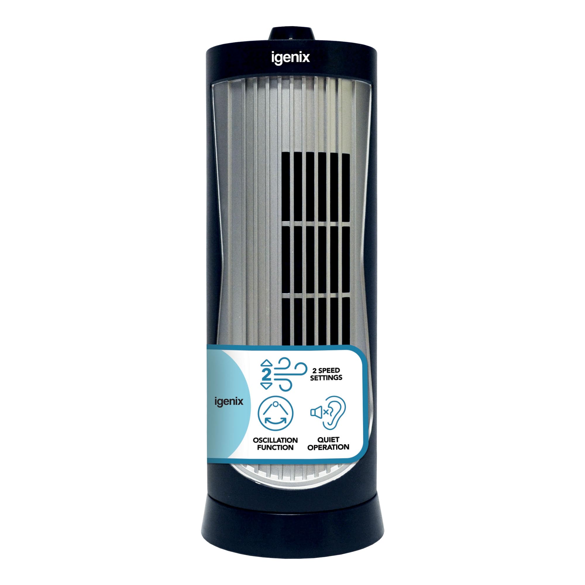 Igenix Black/Silver 12" Mini Tower Fan, Compact Oscillating Desk Fan With 2 Speed Settings, Quiet Operation, Easy-Carry Handle, Ideal For Home, Office, Bedside & Desktop Use, Df0020