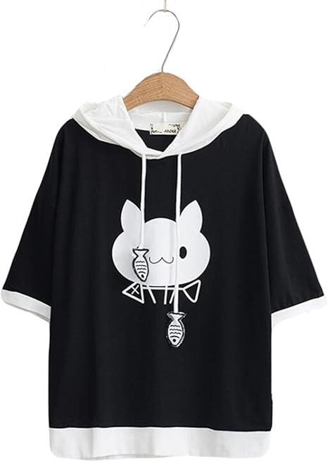 Amazon Piite レディース 夏 シャツ ｔシャツ フート付き パーカー 猫柄 森ガール 可愛い カジュアル ｔシャツ プリント シンプル ゆったり ソフト 女の子 キレイめ 通学 おしゃれ Tシャツ カットソー 通販