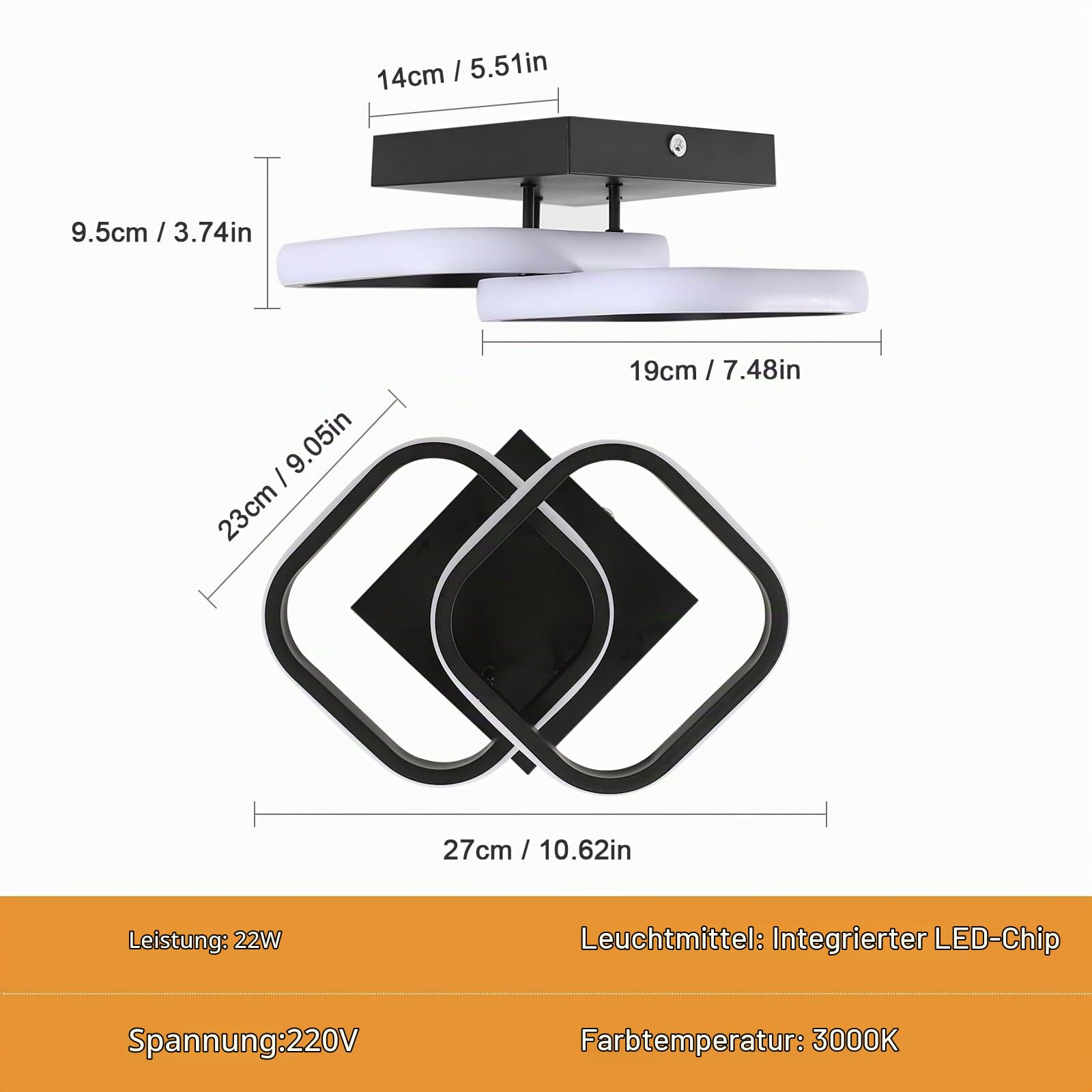 2 Stück LED Deckenleuchte 22W Deckenlampe Warmweiß 3000K, Schwarz