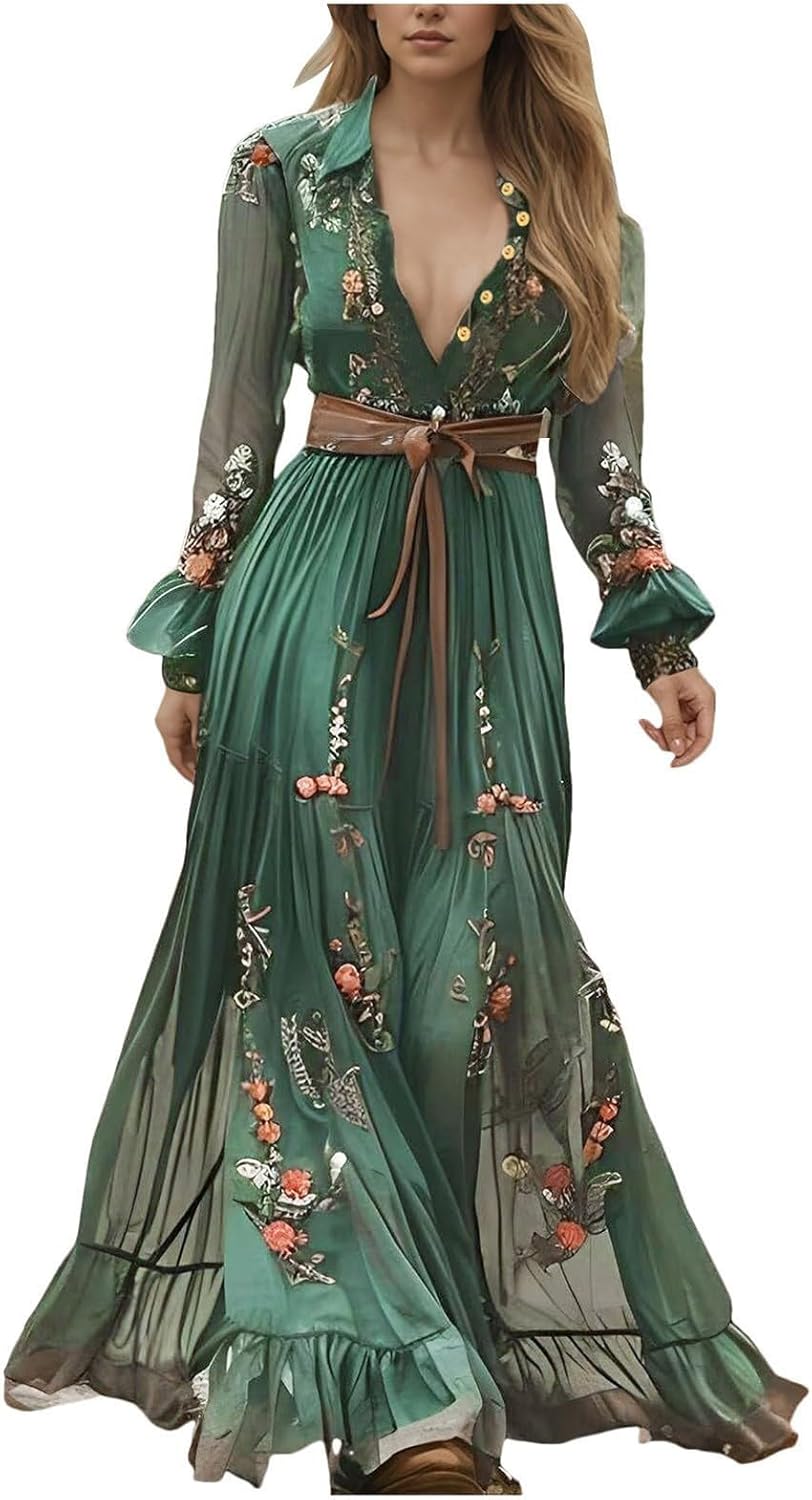Vintage floral embroidered button up maxi dress for women