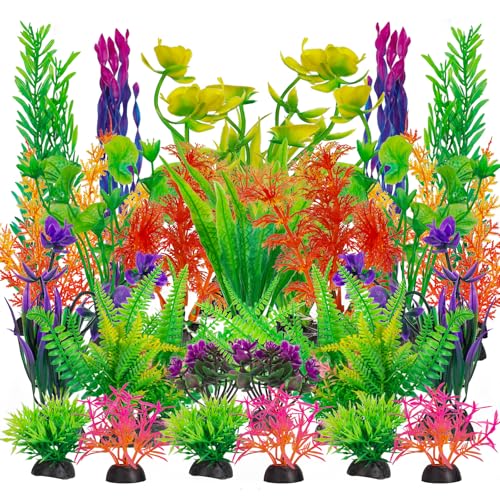 GUXLXAR Aquarium Decorations Plants, Aquarium Fish Tank Plastic Plants, 18 pcs Aquarium Decor Plants, Colorful Fish Tank Accessories, Fish Tank Plants Plastic Decoration for Aquariums, Small to Large