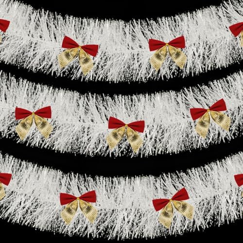Guirnalda de oropel de Navidad de 32.8 pies con 12 lazos, guirnalda gruesa y fina para decoración de árbol de Navidad, guirnalda de papel de aluminio metálico, decoración de corona para el hogar
