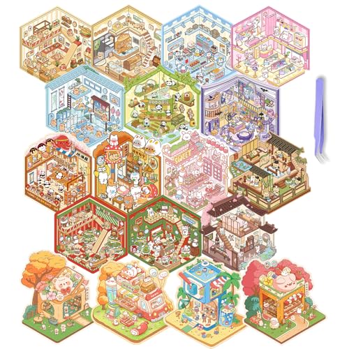 Sitengle 3D 造景 シーンシール 18種類セット 約14*18cm ピンセット付き 3D ハウスステッカー 手帳 可愛い 趣味 ストレス解消 3D 立体 おもちゃ 紙素材 ミニチュア (18種類セット(約14*18cm))