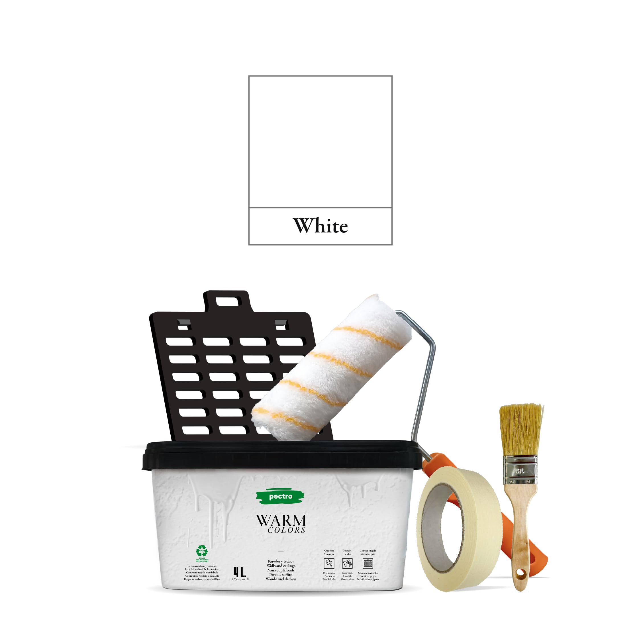 PECTRO Pittura Mano Unica 4L (6,3kg) Set con rullo, pennello, griglia e nastro in carta - Pittura per Interni Lavabile per Pareti e Soffitti – Monomano per Camere e Soggiorni