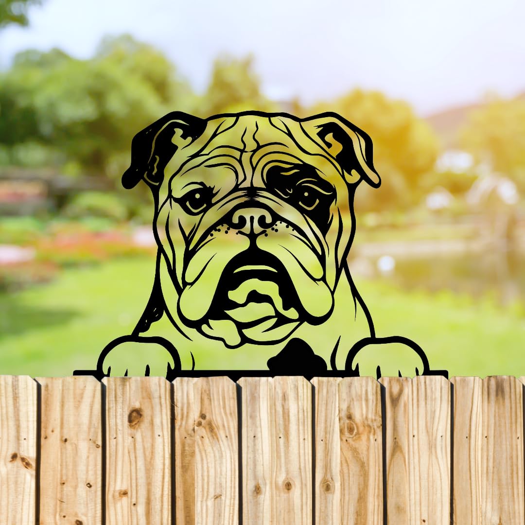 Betley Butterfly Peeking Bulldog Dog Fence Topper, Black Metal Silhouette, 25.6 x 32cm Cute Puppy Garden Wall Art Decoration, Gifts for Dog Lovers