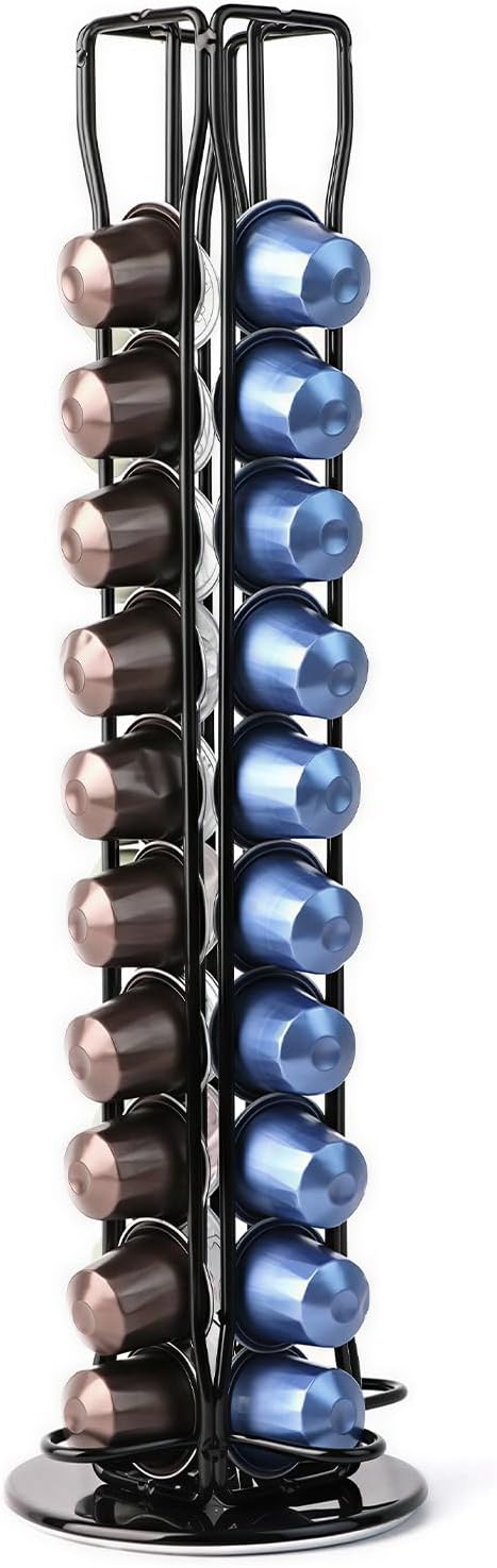 Coffee Pod Holder for 40 Capsules, Rotating Coffee Capsule Storage Rack with 360° Spin, Space-Saving Vertical Organizer for Kitchen Counter,Rotating Pod Holder(Black)