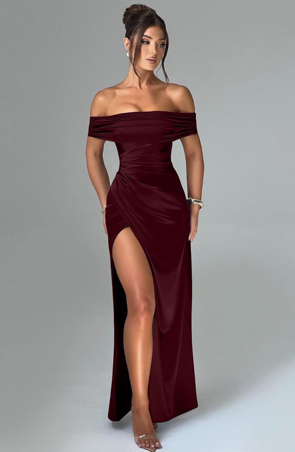 Memoriesea Women's Elegant Off Shoulder High Split Bodycon Evening Wedding Maxi Dress