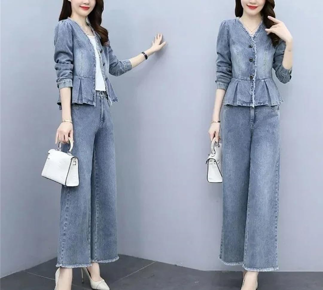 Womens V-Neck Denim Jacket and Elastic Waist Wide Leg Pants Suit Retro Spring Summer Casual Outfit