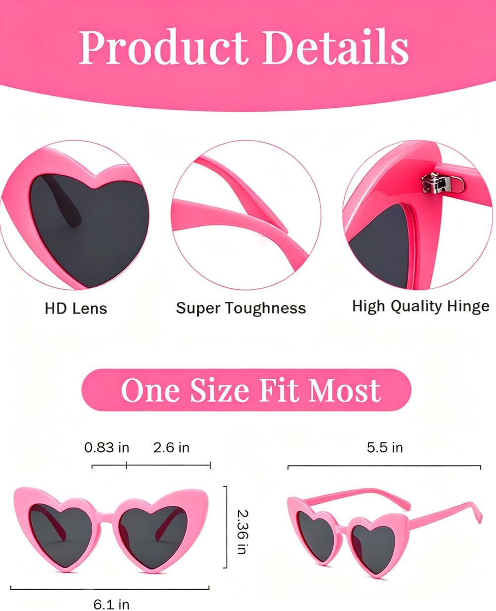 Heart Shaped Sunglasses 6 Pack Pink Red Glasses, Valentines Party Favors, Galentines Night Out, Romantic Gifts