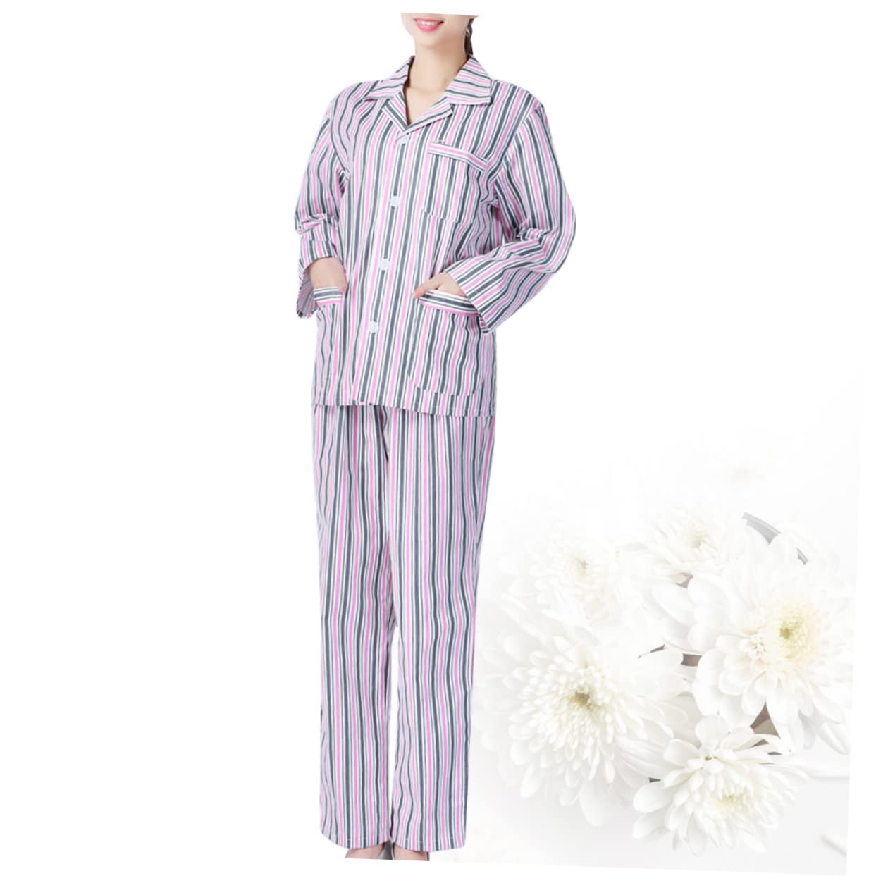 Beaupretty Pijama para Adulto Algodón Cómodo Manga Larga Hospital Ropa para Pacientes Rayas Azul Blanco