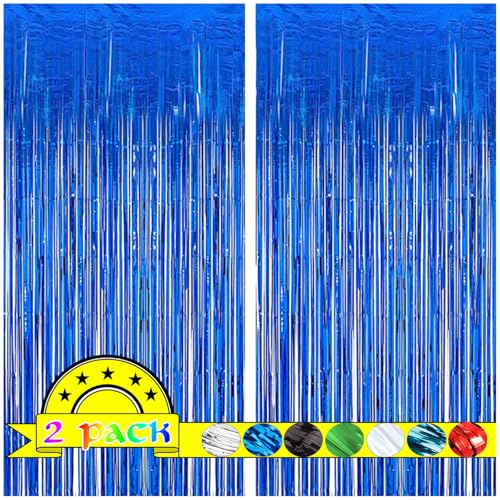Image of 2 Pack Blue Door Streamers Party Decorations 3.3ft x 6.6ft,Blue Tinsel Foil Fringe Streamers Backdrop for Birthday,Graduation,Ocean Themed Party Decorations,Door Fringe Curtains for Birthday Party