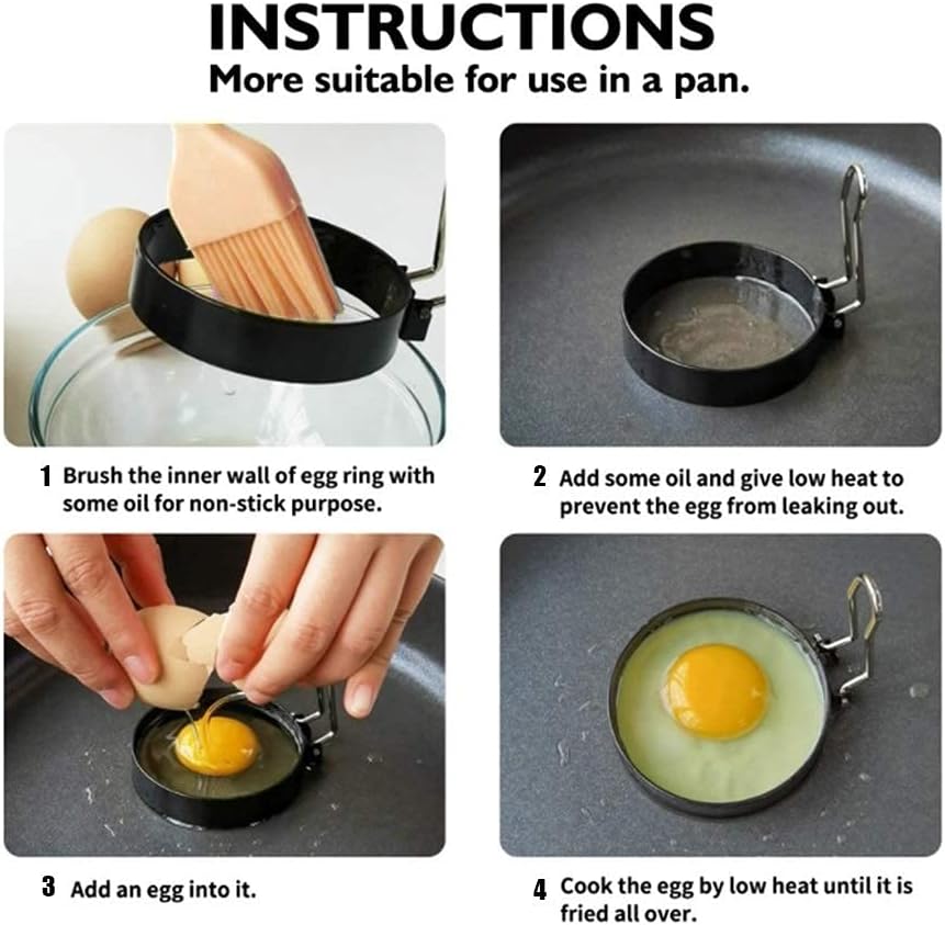 2 Egg Rings, 1 Silicone Brush, and 4 Egg Cooker - Hard Boiled Eggs without the Shell, Food Grade Stainless Steel Egg Mold, For Breakfast, Mini Pancakes, and Fried Eggs