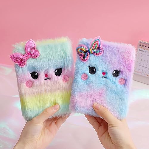 Miniatura 2 de Lindo cuaderno de bolsillo de felpa con lazo de lentejuelas, bloc de notas de diario personal con papel rayado para niños y niñas