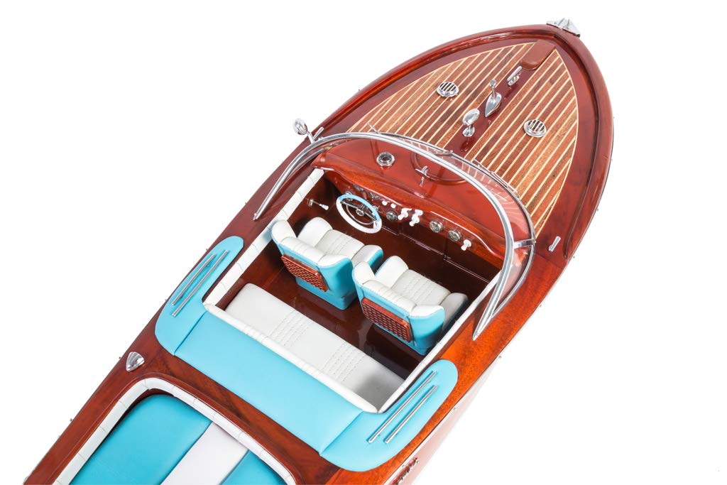 Seacraft Gallery Riva Aquarama Schiffsmodell, 69,8 cm (blau-weiße Ledersitze) – fertig montiertes Spielzeug-Speedboot Modell – Holzboot Spielzeug Modell-Dekor – montiertes Modell Schiffe Boote