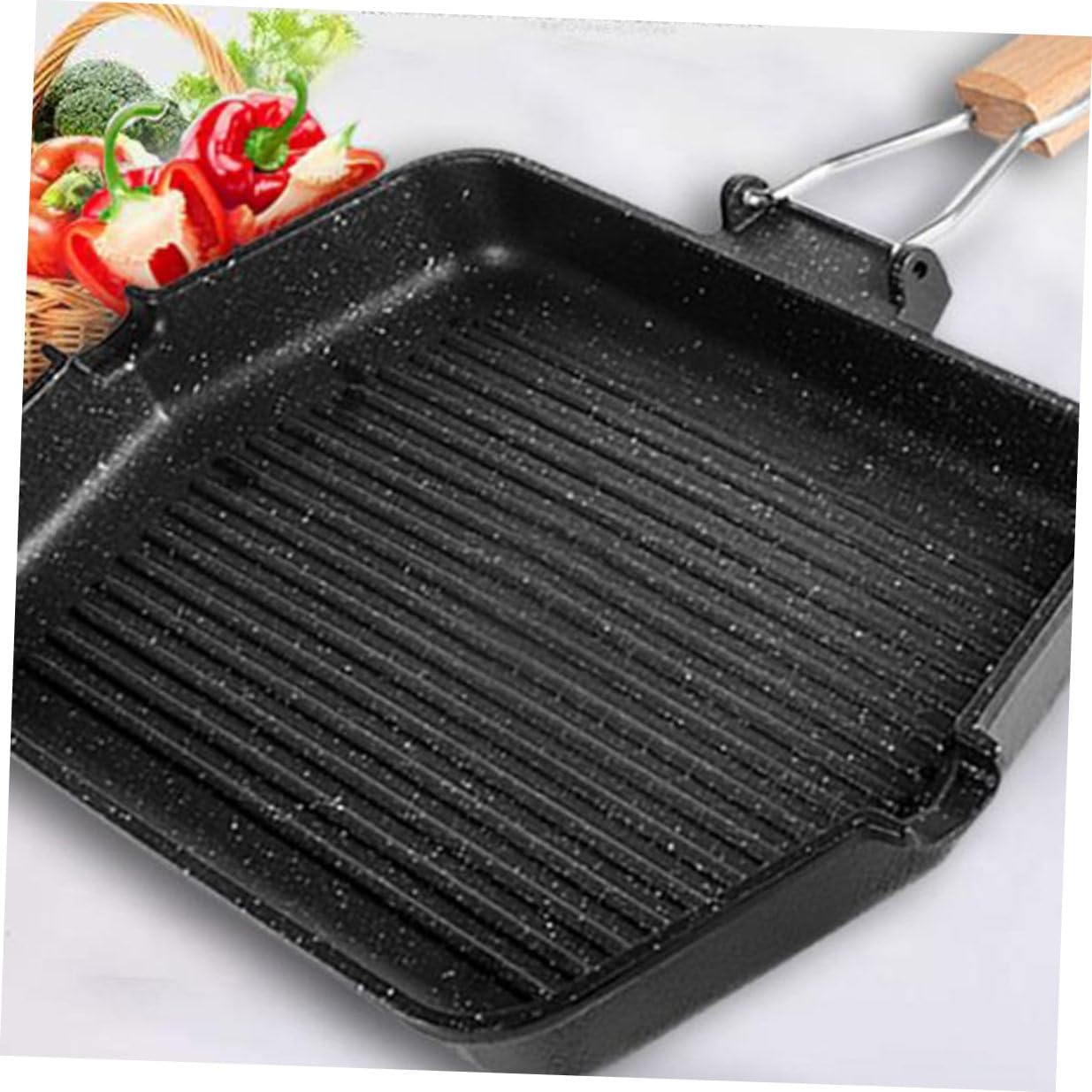 Non-stick Square Grill Pan for Induction Cooker, Maifan Stone Coating Bbq Frying Pan, Smokeless Kitchen Cookware for Steak and Fish Grilling