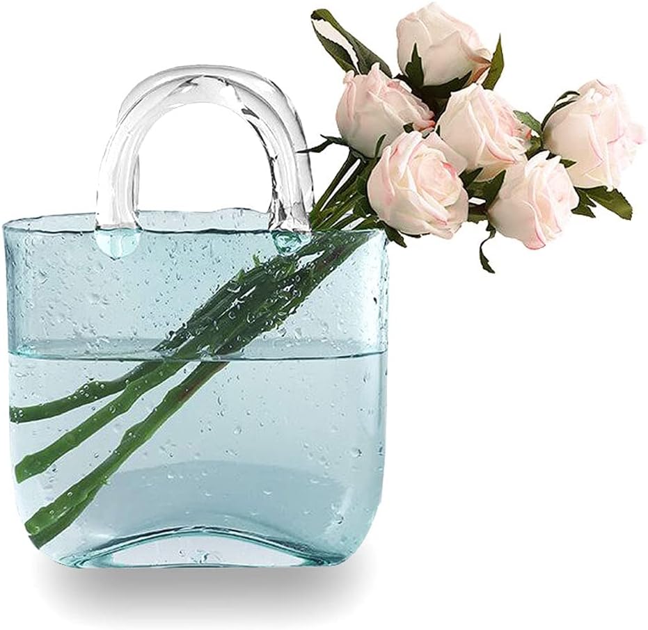 Candora Bag Glass Vases for Decor Creative Bubble Handbag Flower Vase Desktop Glass Basket Vase Mini Crystal Fish Tank for Table Centerpieces, Kitchen, Office Living Room (Blue)
