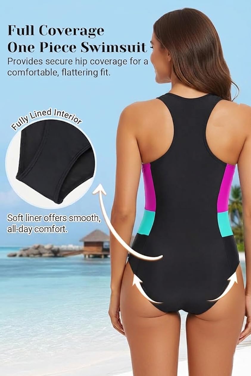Tempt Me Women Athletic One Piece Swimsuit Zipper High Neck Bathing Suit Racerback Swimwear